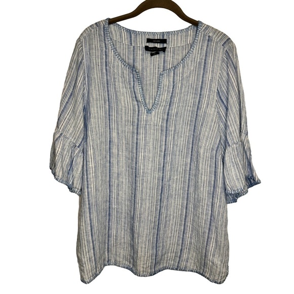Tahari Tops - Tahari 100% Linen Blue Stripe Split Neck Tunic Top Ruffle Short Sleeves Small